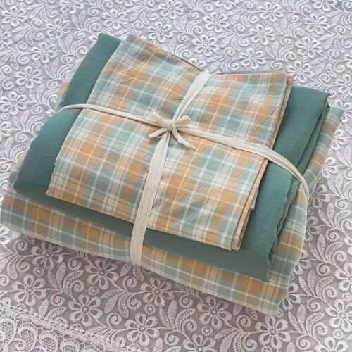 Bedding Sets Plaid Solid Color Washed Cotton Soft Bed Sheet Bed Cover Pillowcase - Photo 9 sur 38