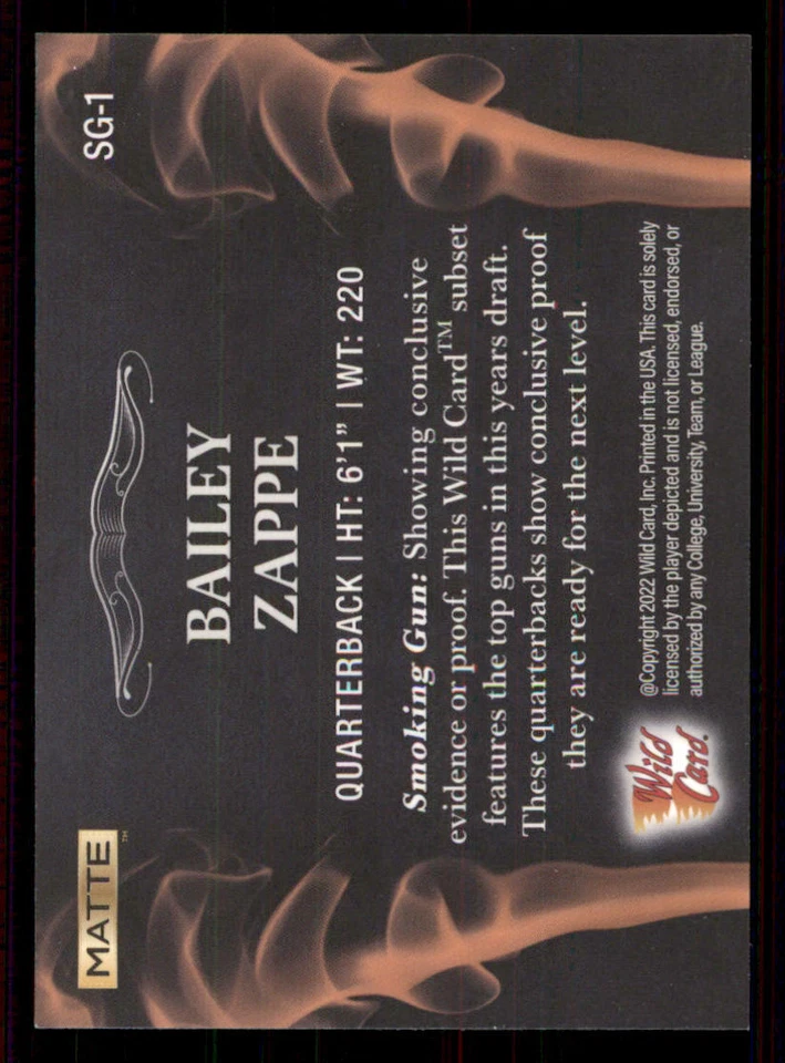 2022 Wild Card Matte Black Smoking Guns #SG1 Bailey Zappe - Image 2 of 2