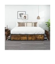 Queen Size Metal Platform Bed Frame with Wooden Headboard, Black & Brown