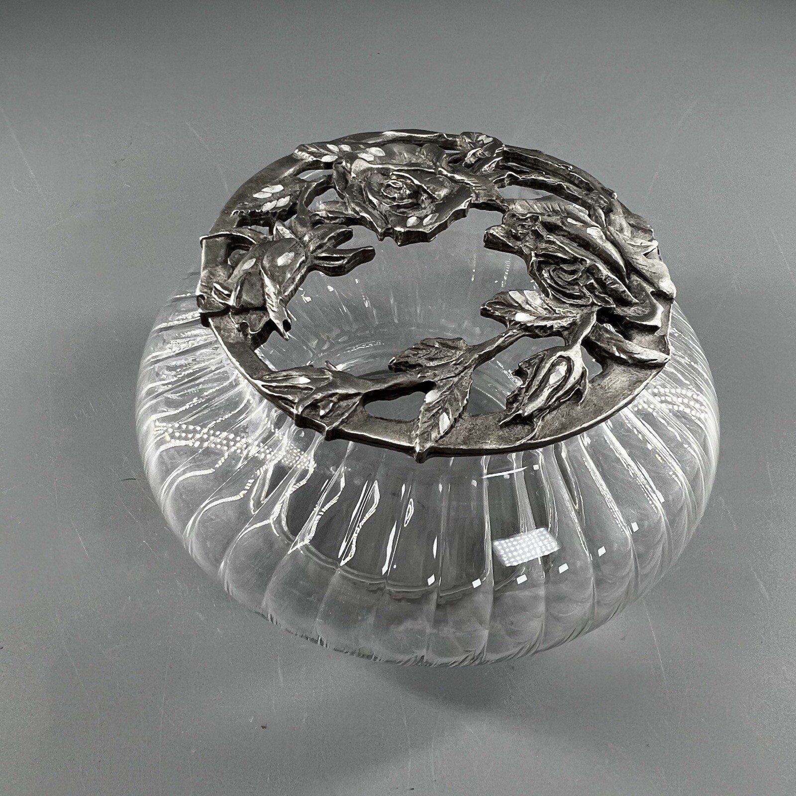 Vintage 1990 Rawcliffe Pewter Top Roses Lid on Glass Potpourri Bowl Jar