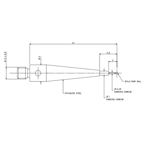 M3 Thread CMM Styli 0.5mm Ruby Ball,Tungsten Carbide Stem,Length21mm,A-5000-7632 - Picture 3 of 3