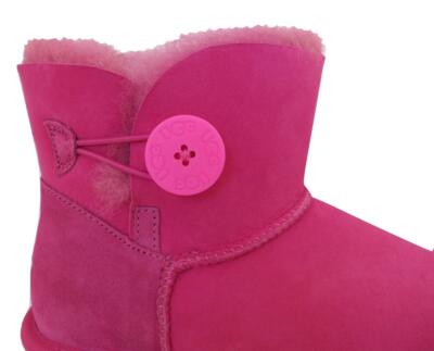 New NIB Ugg Classic Mini Bailey Button Boots Neon Pink w/ White