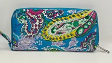 Quilted Blue Yellow Pink Green Paisley Zip Around Clutch Wallet Wristlet Clean!