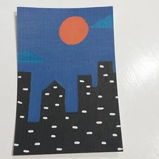 4x6 Inch Acrylic Painting Watercolor Paper Cityscape Title Orange Moon City A1