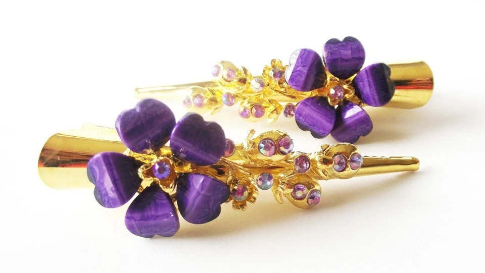 INSPIRADO EN EL DISEÑADOR PÚRPURA ROJO GEEEN CRISTAL FLORAL ORO PINZA PARA EL CABELLO GARRA NUEVO Foto 2 de 4