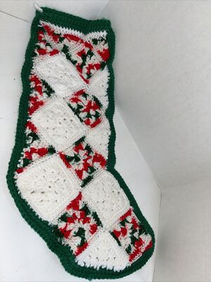 Vintage Christmas Stocking Granny Square Crochet Handmade Red White Green