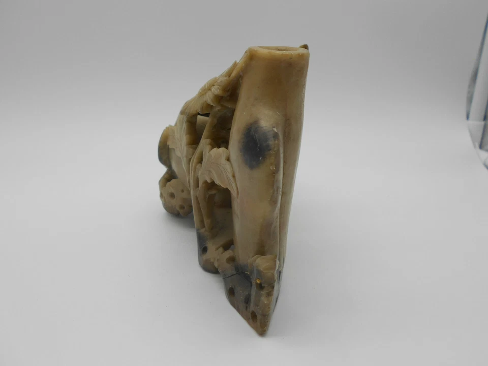 SUPERBE ENCRIER / POT A PINCEAU FLEURS & OISEAU SCULPTÉ EN PIERRE DE LARD CHINE - Photo 4/4