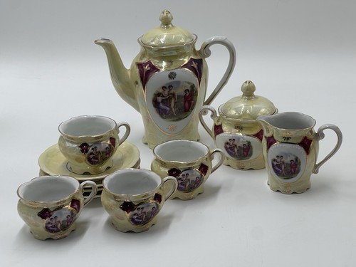 Vintage Lusterware Victorian Women Yellow Red Gold Trim Tea Set 13 Pc - Picture 7 of 15