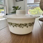 VTG Pyrex/Corning Green Spring Blossom/Crazy Daisy Butter Round Dish With Lid
