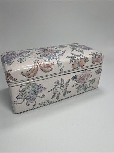 Vintage WBI Chinese Porcelain Rectangle Trinket Box Lidded Fruit Floral ...