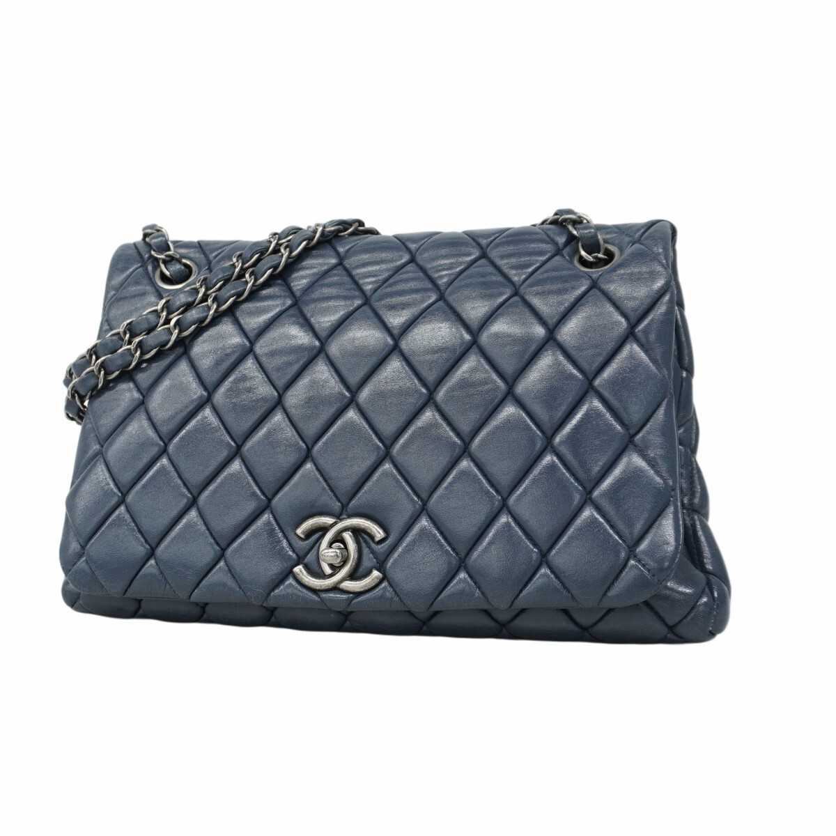 Chanel Matelasse W Chain Shoulder Bag Navy Lambskin Silver Hardware 570247  