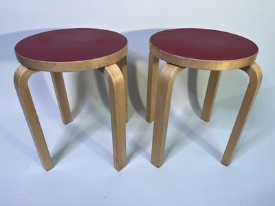 2 Artek Alvar Aalto Model E60 Red Birch Stools Original