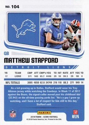 2018 Score #104 Matthew Stafford Red Zone JERSEY MATCH 9/20 A232
