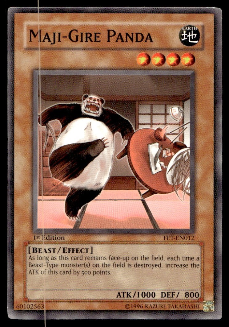 1996 Yu-Gi-Oh! 1st edition Maji-Gire Panda #FET-EN012 Uncirculated NMT. 1996 Yu-Gi-Oh! 1st edition Maji-Gire Panda #FET-EN012 Uncirculated NMT.