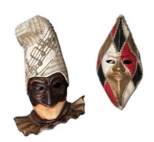 2 VTG Authentic Handcrafed In Italy Venetian Masquerade Mask Art Wall Decor READ