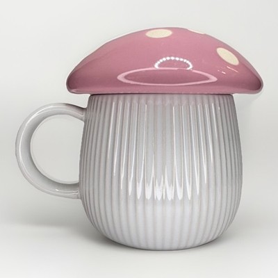 Mushroom Lidded Pink  White Polka Dot Coffee Tea Cup World Mkt New Ceramic