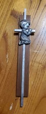 Vtg Praying Boy Pewter Metal Wood Wall Cross Baptism Christening Gift 8.5"
