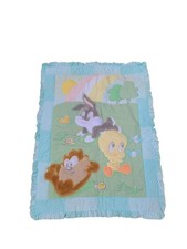 Vtg Baby Looney Tunes Crib Quilt Comforter Blanket Bugs Bunny Taz Tweety 44" 32"