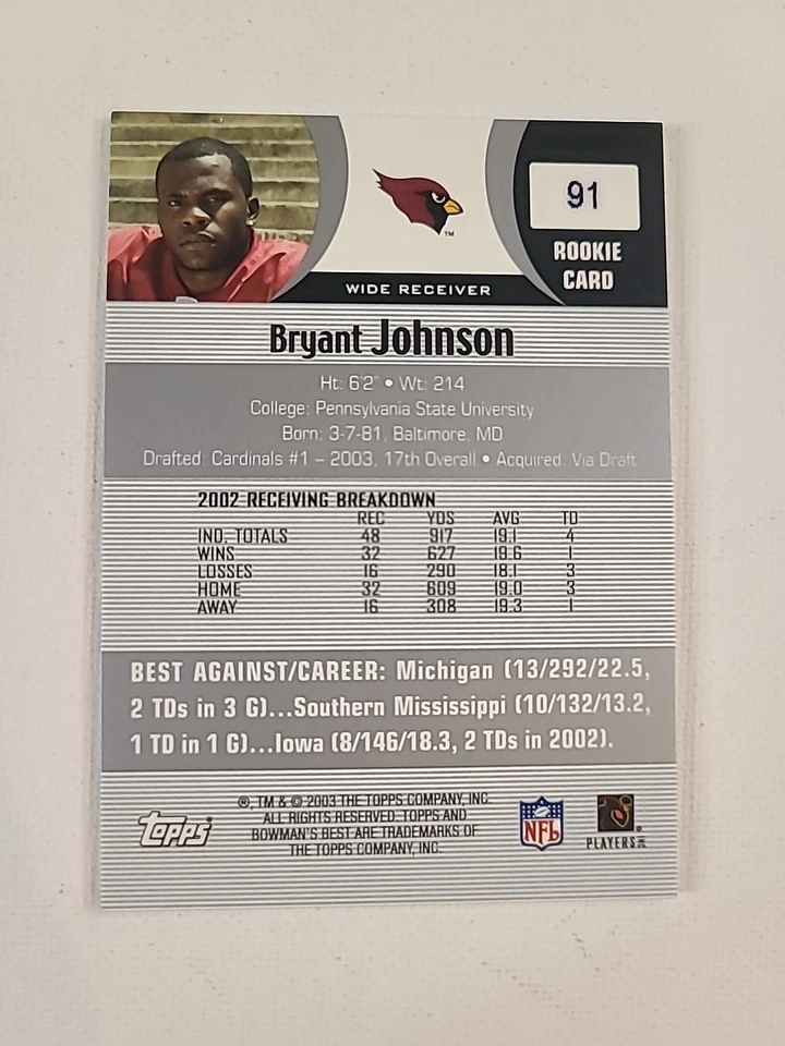 Bryant Johnson Cardinals 2003 Bowman's Best Player Worn Jersey #91 Rookie RC - Image 2 of 2