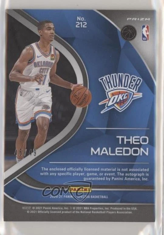 2020-21 Panini Spectra Jersey Interstellar Prizm /49 Theo Maledon Rookie Auto RC - Image 2 of 2