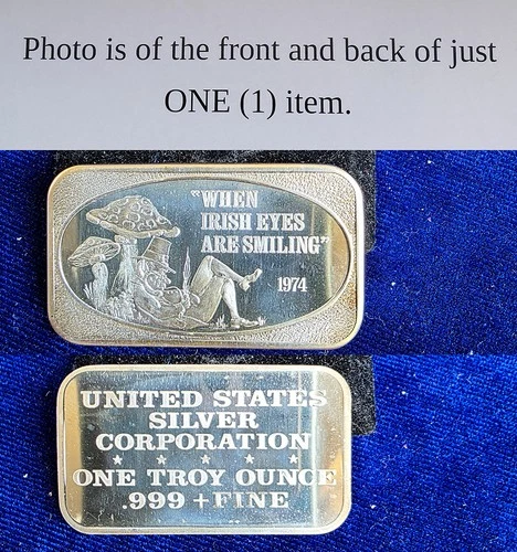 Vintage 1974 USSC When Irish Eyes Are Smiling 1 Troy Oz 999 Fine Silver Bar
