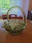 Vintage Fenton Glass Colonial Olive Green Thumbprint Glass Basket approx. 8”