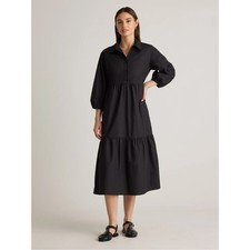 NEW Quince Organic Cotton Poplin Midi Tunic Dress Black Large Tiered Puff Sleeve