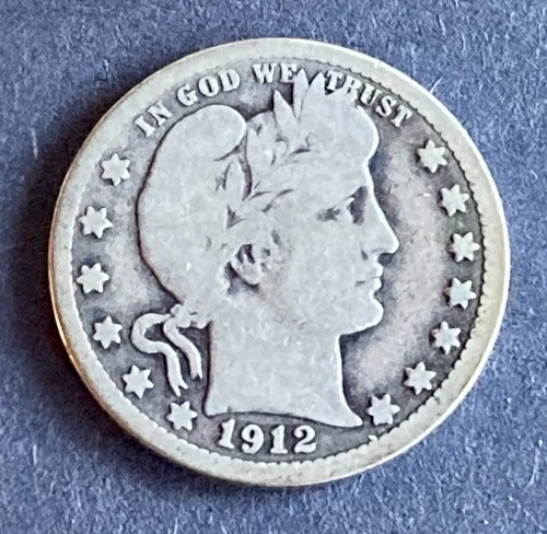 1912-S USA BARBER QUARTER KM-114 N-10591 ~$14 MELT SCARCE DATE & BETTER GRADE VG