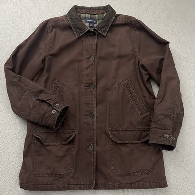 VTG Lands End Women's Barn Jacket Chore Coat L Chocolate Brown Flannel Lined Y2K