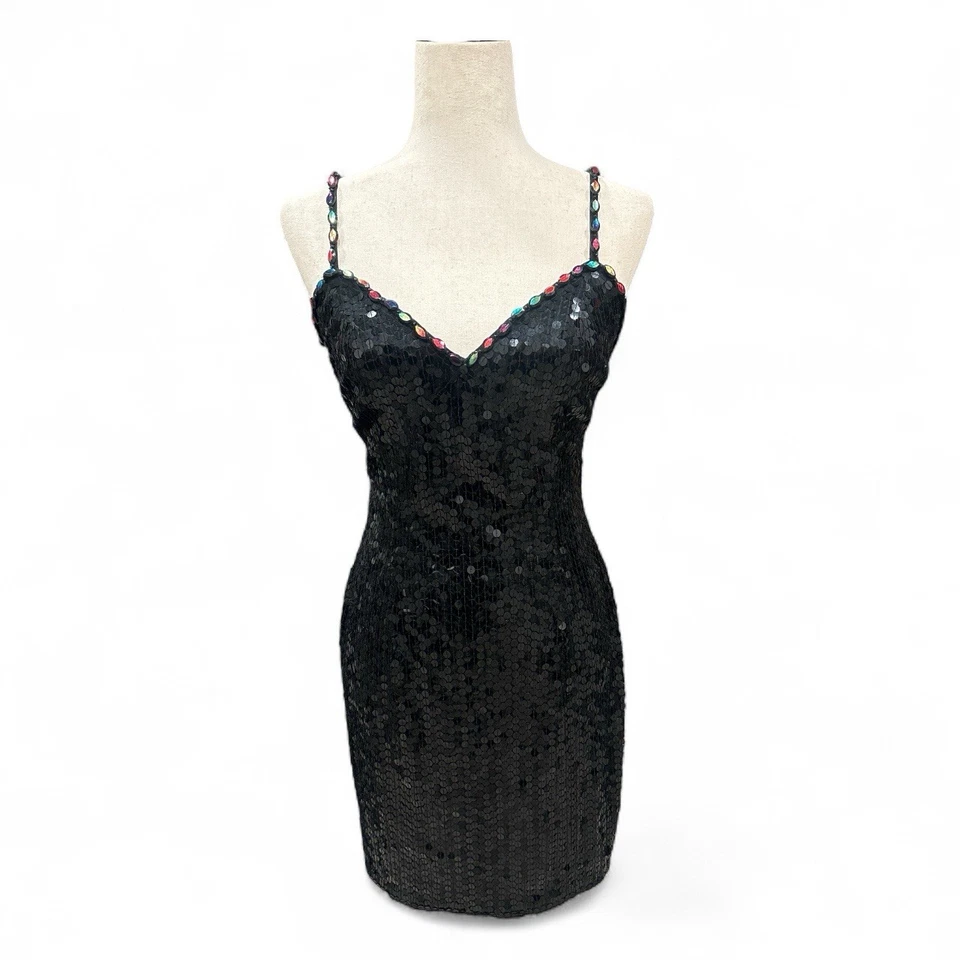 复古 Niteeline 亮片黑色串珠肩带连衣裙 8 码 — 第 3/4 张图片