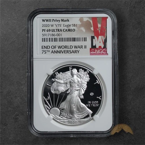 2020-W American Silver Eagle $1 V75 Privy WW II Commemorative- NGC PF69 UCAM