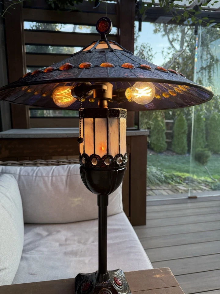 Tiffany Style Lamp With Lighted Base , Purple Shade - Image 2 of 4