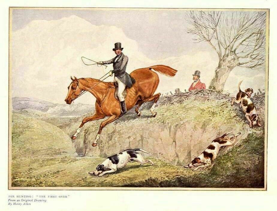 FOX HUNTING HORSES FOXHOUNDS DOGS VINTAGE COLOR PRINT HUNT BY