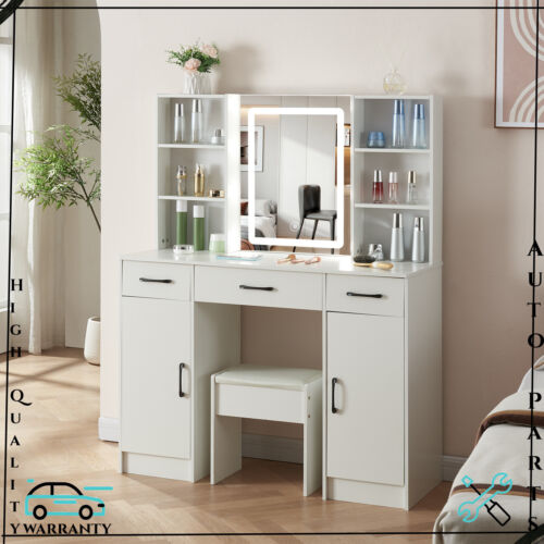 White Dressing Table Stool Vanity Set W/ LED Lighted Mirror Bedroom Dresser Wood - Picture 5 of 12
