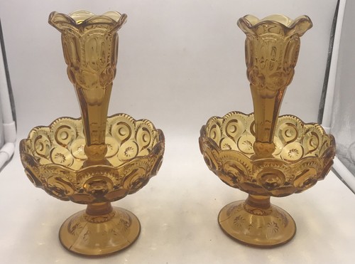 Epergne Candlestick Holders LE Smith Amber Moon And Stars Vintage Set Of 2 RARE - Picture 2 of 10