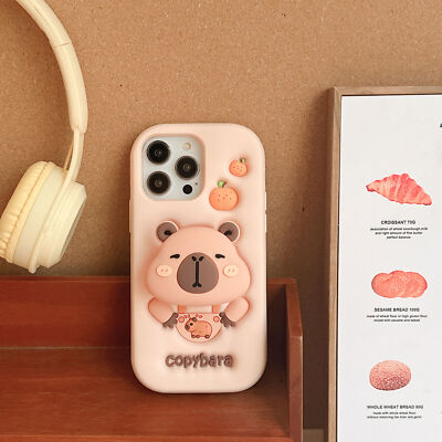 Fr iPhone 11 12 13 14 15 16 Pro Max Cartoon Kickstand Capybara Rubber Phone Case