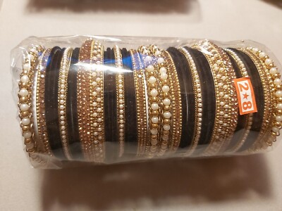 0106 Bangles Set Black Gold Velvet churi kara bangle set, indian pak Beads  UK