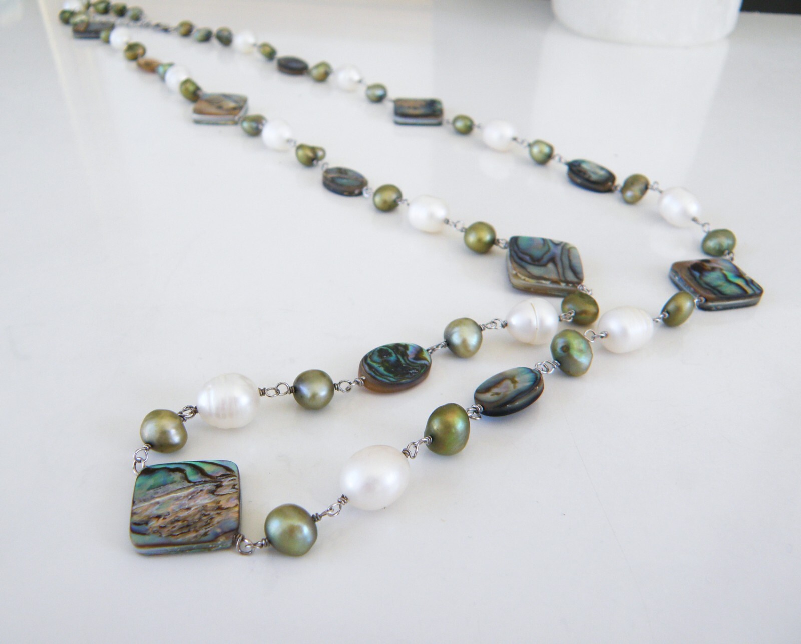 Sterling Silver 925 Rainbow Abalone Green Potato Pearl Long Necklace 37.5
