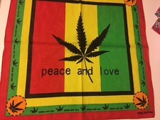 PEACE AND LOVE RASTA WITH MARIJUANA LEAF POT WEED,  BANDANA100  COTTON.