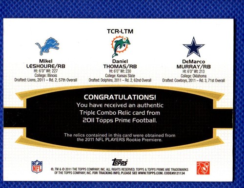 DEMARCO MURRAY #13/25 LESHOURE DANIEL THOMAS 2011 RC TRIPLE HOLOGRAPHIC MAILLOTS - Photo 2 sur 2