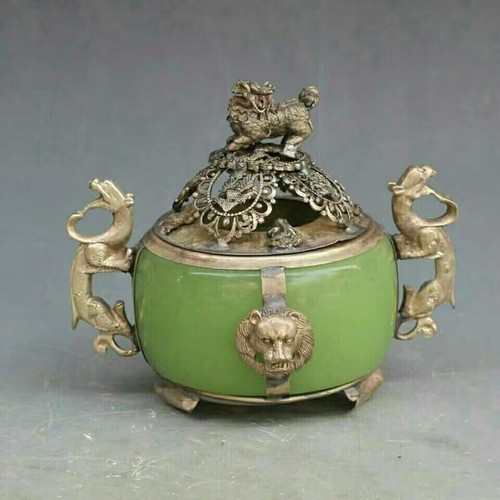 A Unique Silver Copper Inlaid Jade Dragon Lion Incense Burner In China - Bild 2 von 4