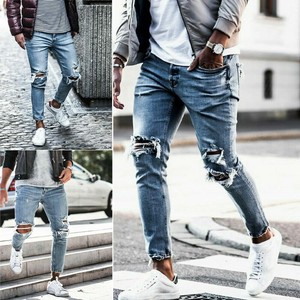 Para Hombre Rasgadas Jeans Super Skinny Slim Fit Pantalones De
