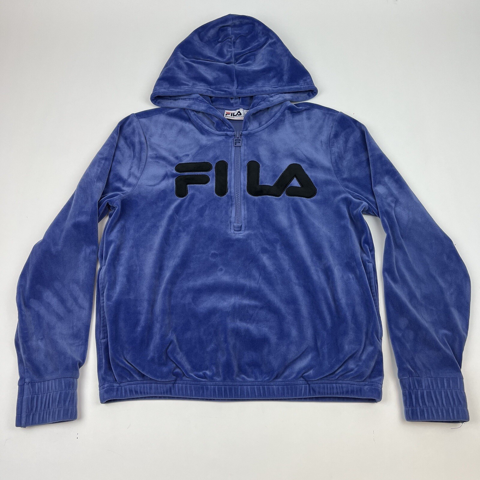 Felpa con cappuccio pullover vintage FILA donna indaco 1 4 cerniera piccola manica lunga