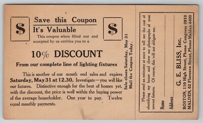 Malden & Boston MA G.E. Bliss Lighting Fixtures Advert To Medford Postcard W30