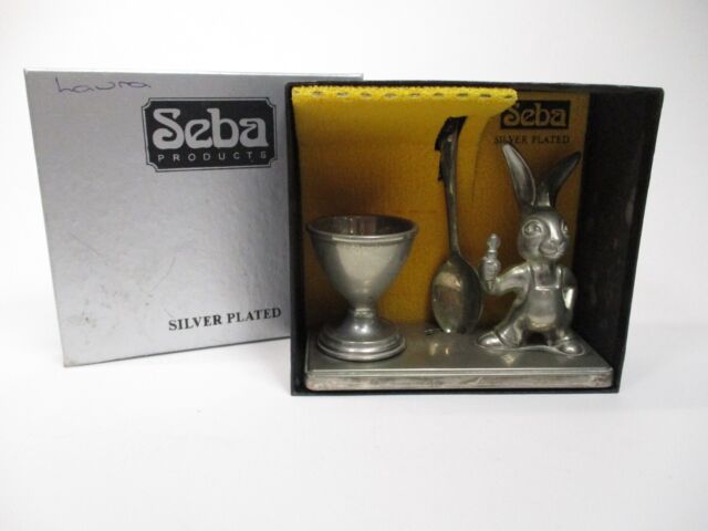 Seba Silver Plated Egg Cup And Spoon Set On A Rabbit Stand Christening Gift Seba Silver Plated Egg Cup And Spoon Set On A Rabbit Stand Christening Gift