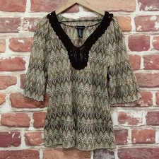 Signature Studio Top Womens Small Brown Cream Boho Abstract Crochet Trim Blouse