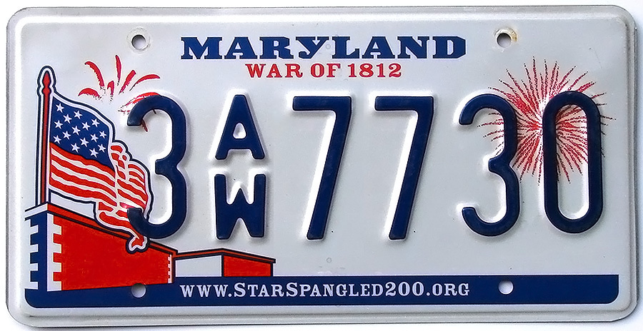 2010-2016 Maryland WAR OF 1812 License Plate AMERICAN FLAG (RANDOM