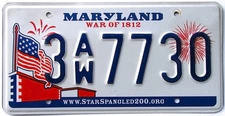 2010-2016 Maryland WAR OF 1812 License Plate AMERICAN FLAG (RANDOM PLATE#)