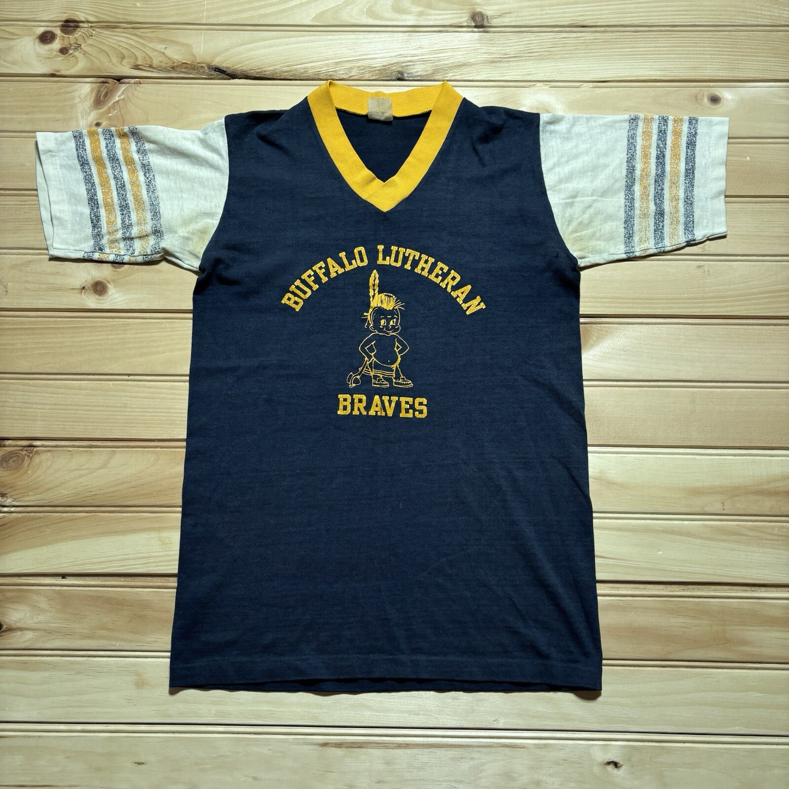 True Vintage 60s 70s Buffalo Lutheran Braves  Single Stitch Ringer Shirt Small