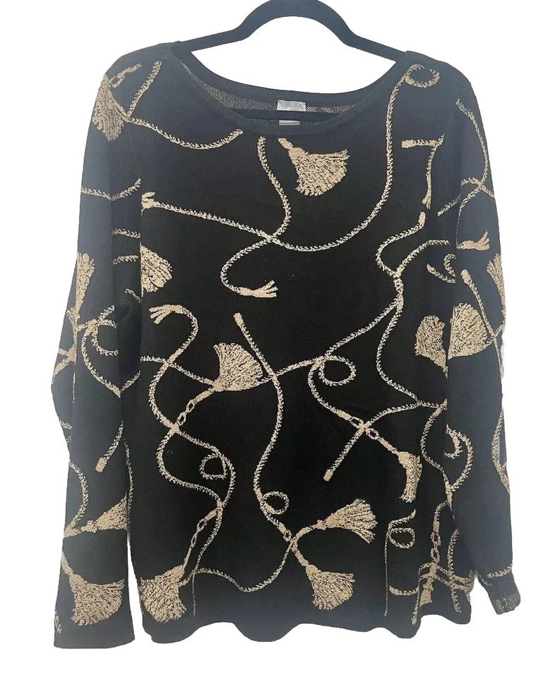 Suéter feminino Chico's preto dourado estampa corrente malha gola redonda grande - Imagem 2 de 4